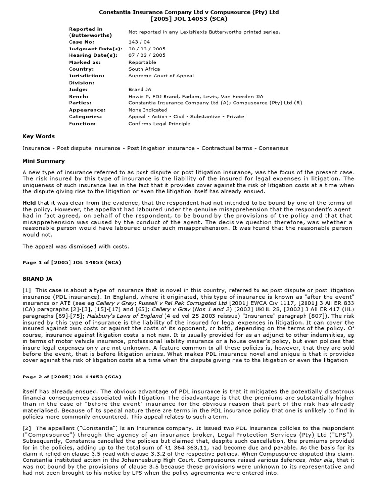 Constantia v Compusource: PDL Insurance Case | PDF | Insurance | Lawsuit