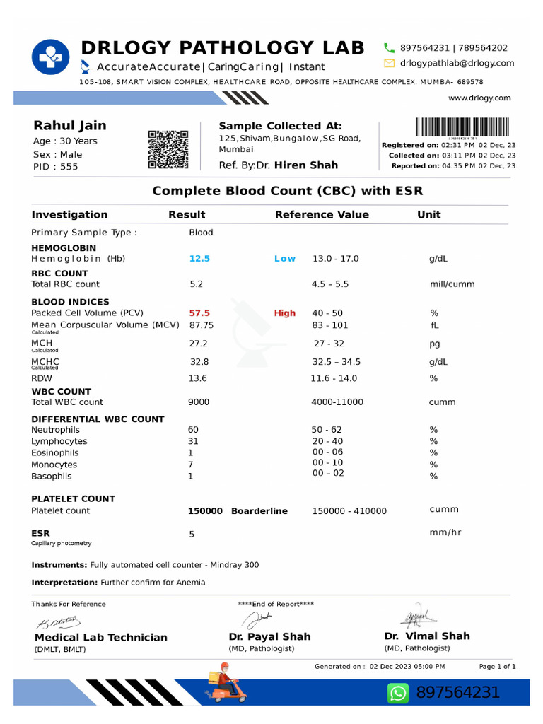 Rahul Jain CBC With ESR (Image) | PDF