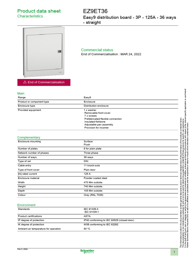 Easy9 125A Distribution Board Data Sheet | PDF