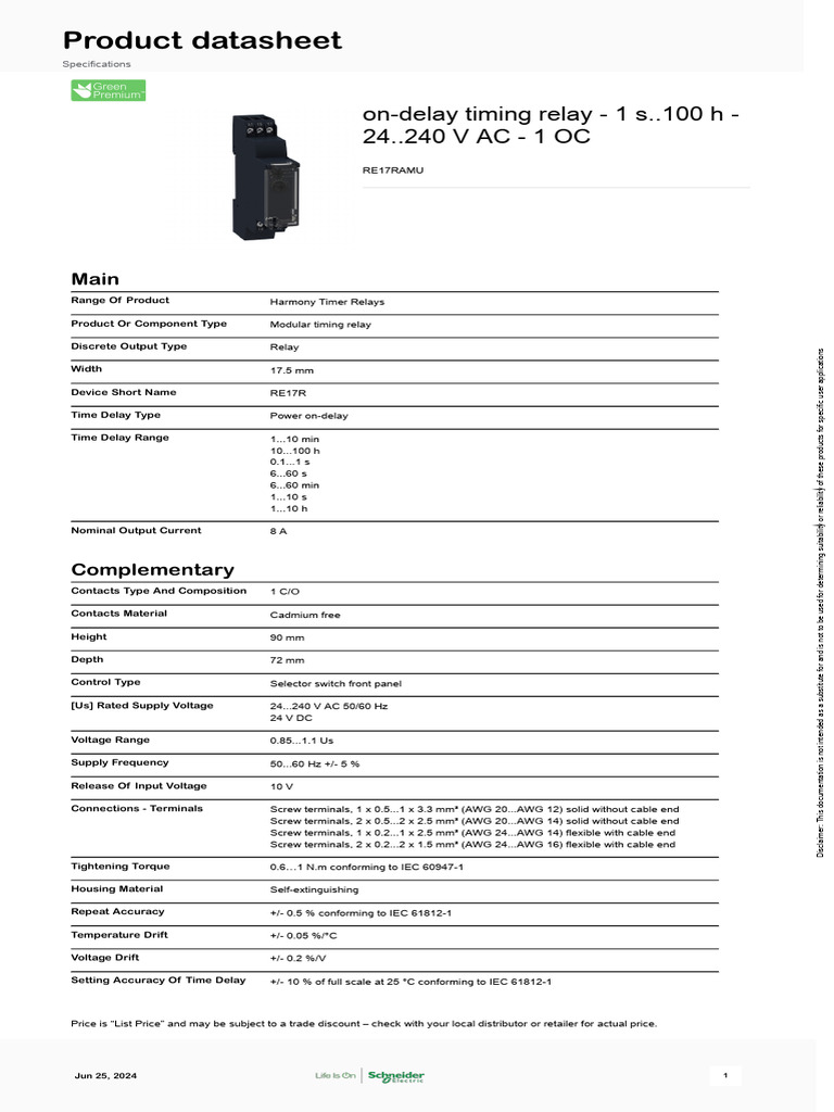 On-Delay Timing Relay RE17RAMU Specs | PDF | Alternating Current | Relay