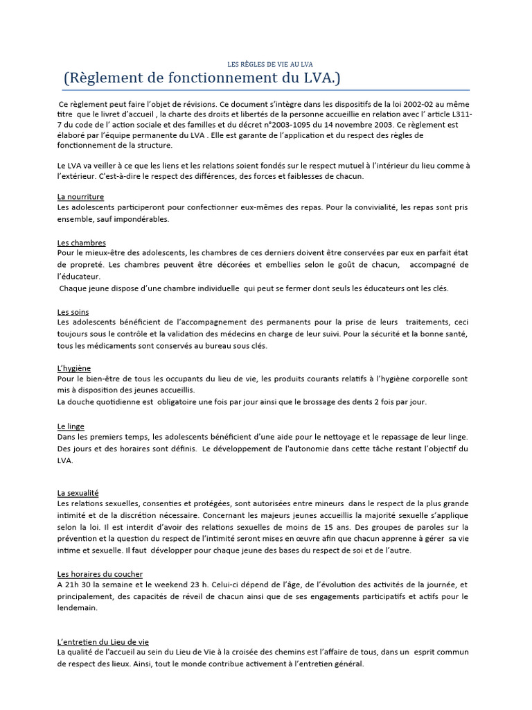Règlement de Vie au LVA : Guide Complet | PDF | Adolescence
