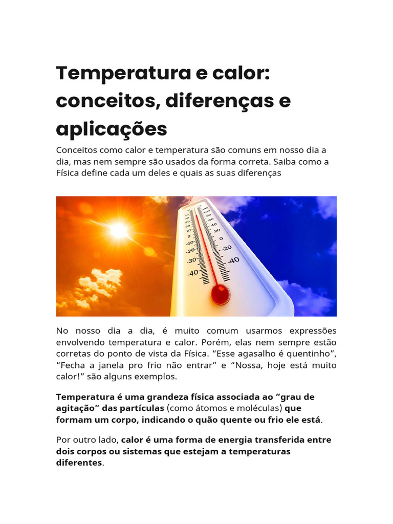 Diferenças entre Temperatura e Calor | PDF | Temperatura | Calor
