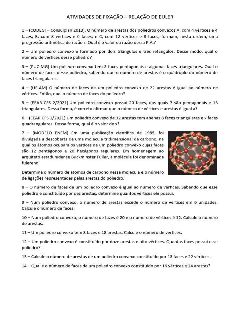 Exercícios sobre Relação de Euler | PDF | Vértice (Geometria) | Fulereno