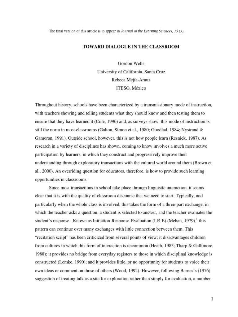 Dialogue In The Classroom Pdf Inquiry Teachers