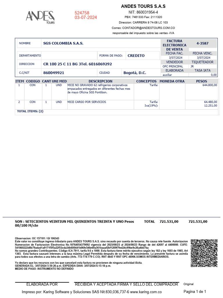 Sgs Colombia S.A.S. Credito: 4-3587 Factura Electronica de Venta | PDF ...
