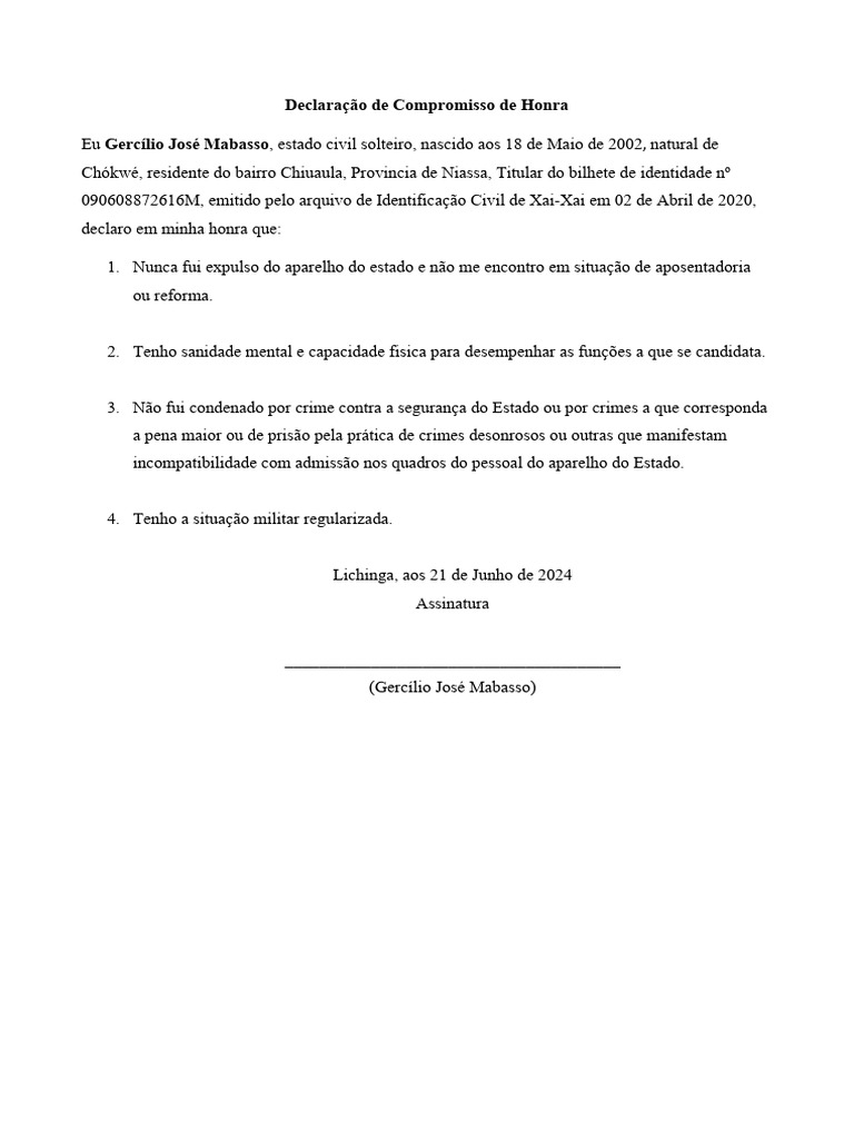 Declaracao De Compromisso De Honra