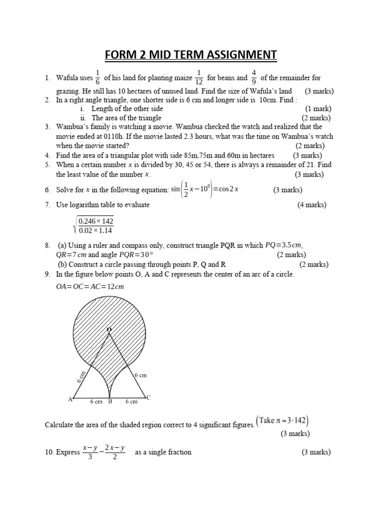 Form 2 Mathematics Mid Term Assignment | PDF | Area | Circle