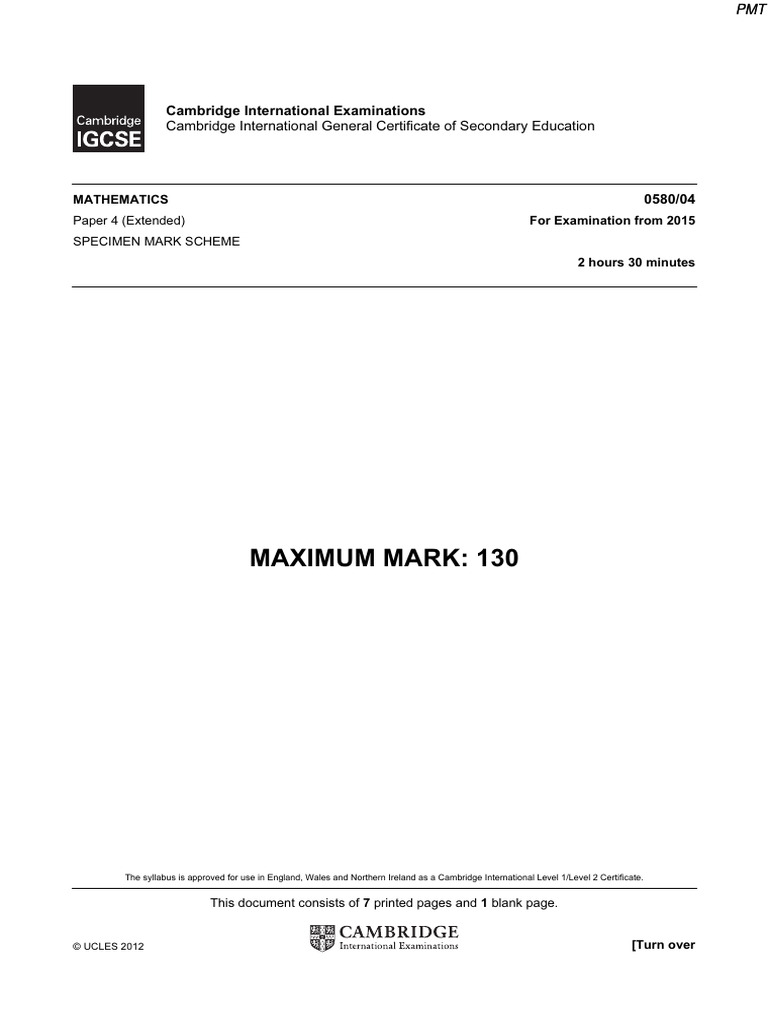 Specimen MS - Paper 4 CIE Maths IGCSE | PDF | Student Assessment And ...