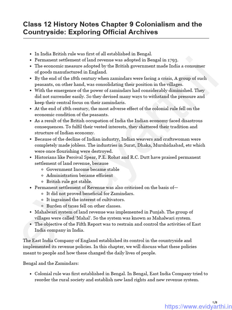 Colonialism and the Countryside: Ch 9 Notes | PDF | Loans | Economies