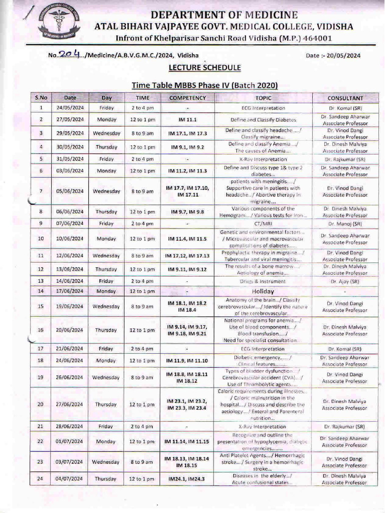 MBBS TEACHING LECTURE & CLINICAL POSTING Roster 2020 | PDF