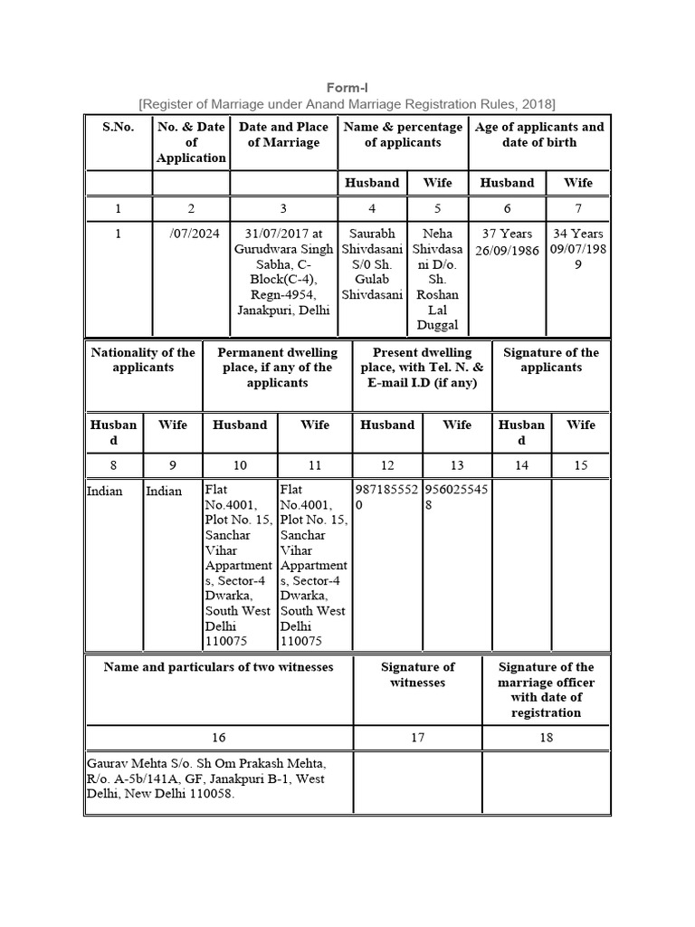 Marriage Registration Form - Anand Rules | PDF