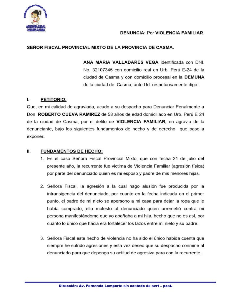 Denuncia por Violencia Familiar en Casma | PDF | Violencia doméstica