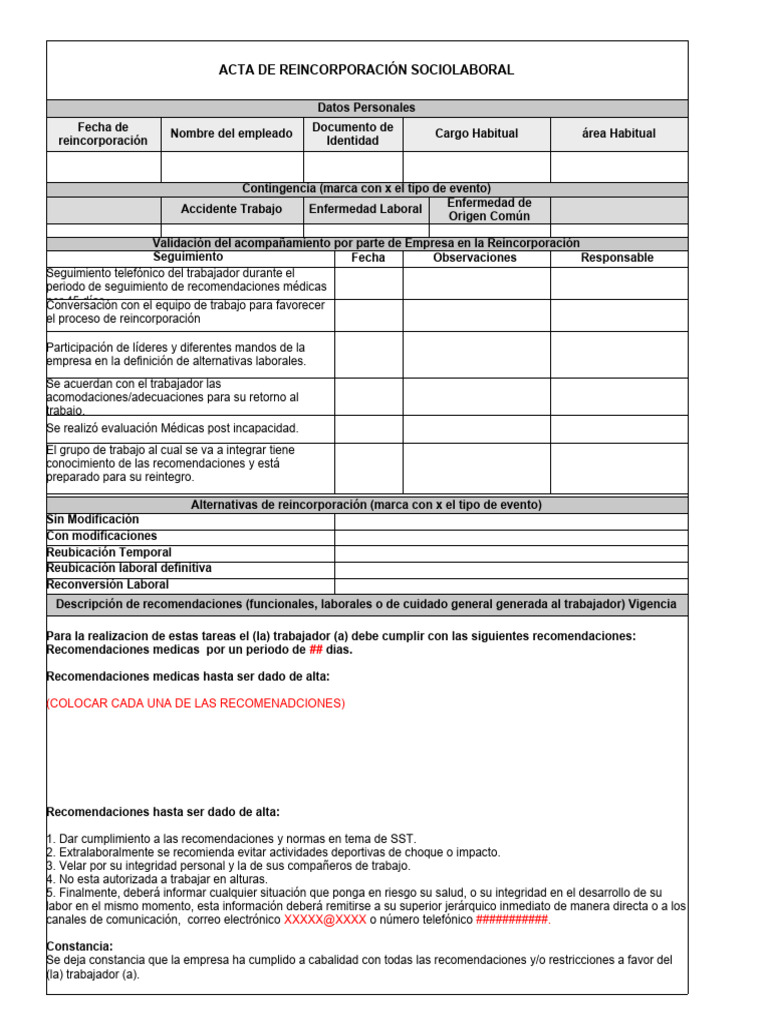 Acta de Reincorporación Laboral y Recomendaciones | PDF | Finanzas y dinero