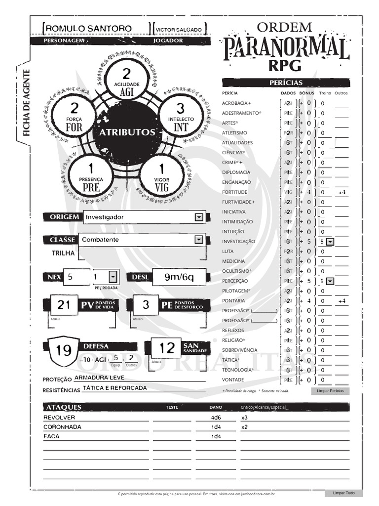Ordem Paranormal - Ficha de Personagem Editável | PDF