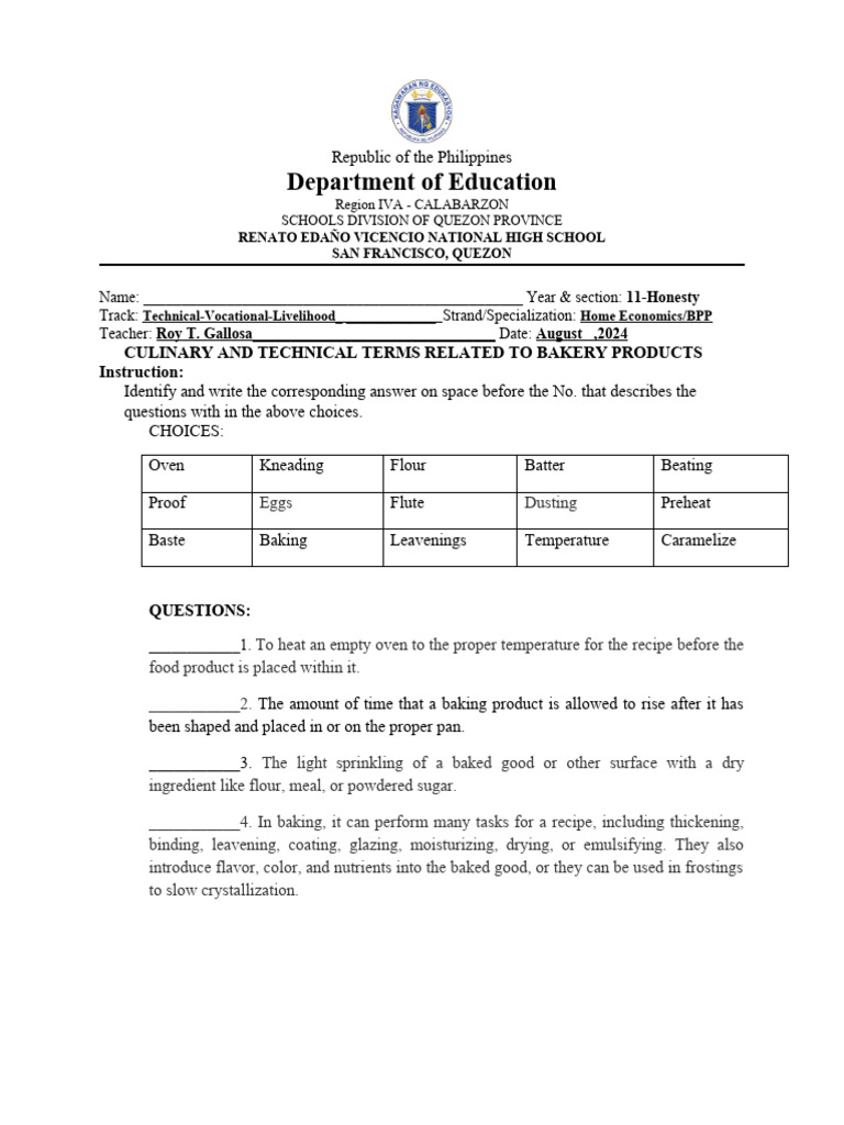 Bpp quiz basic terminology 2024 2025 pdf baking flour