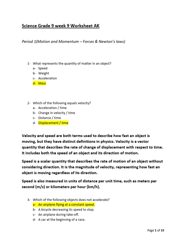 Science Grade 9 Week 9 Sheet AK | PDF | Velocity | Force