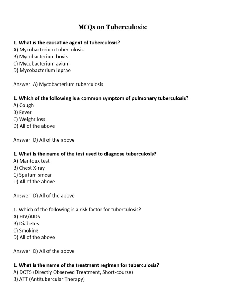 MCQs on Tuberculosis | PDF | Tuberculosis | Microbiology