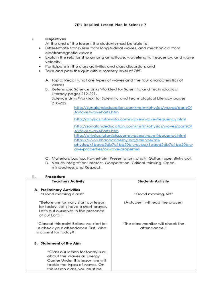 7e's Lesson-Plan Grade 7 - Waves OJT 4 - Characteristics of Wave | PDF ...