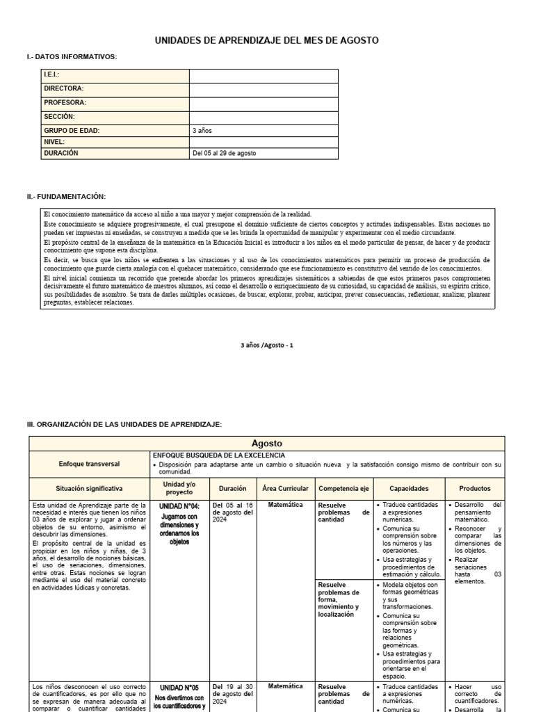 3 Años - Unidades de Aprendizaje - Agosto | PDF | Aprendizaje ...