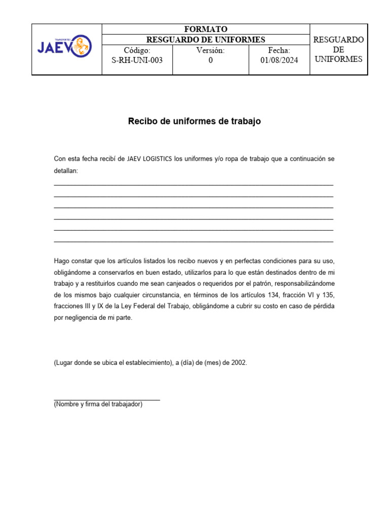 Recibo de Uniformes de Trabajo | PDF