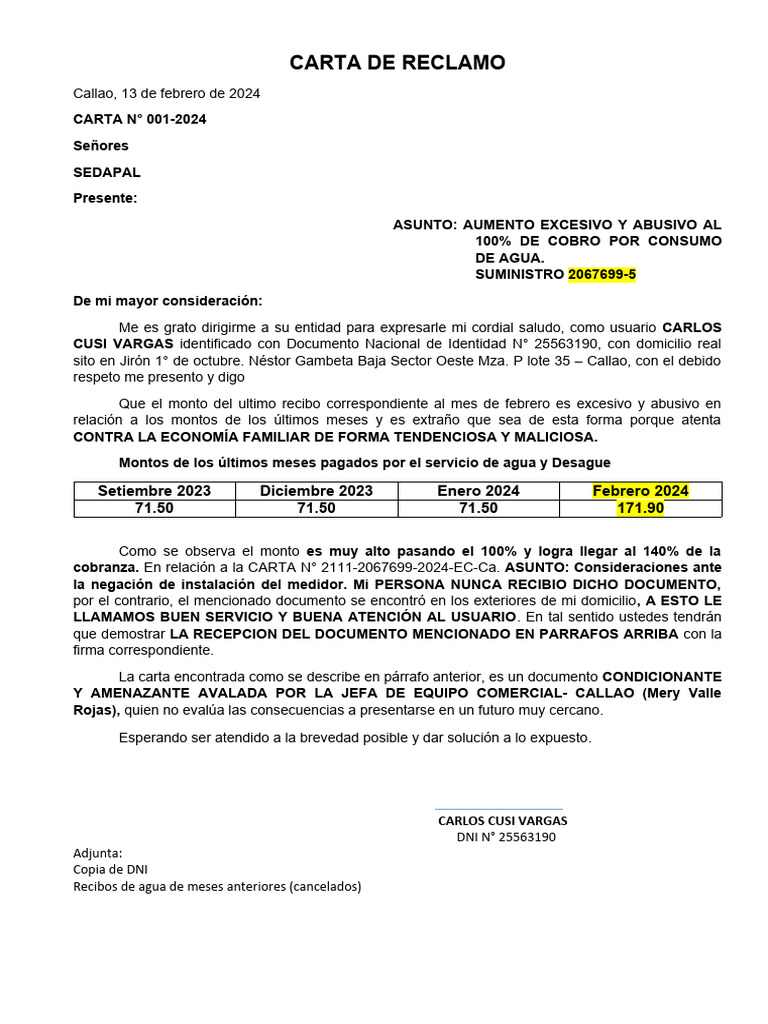 Reclamo por Cobro Excesivo de Agua | PDF | Hogar, jardinería y bricolaje
