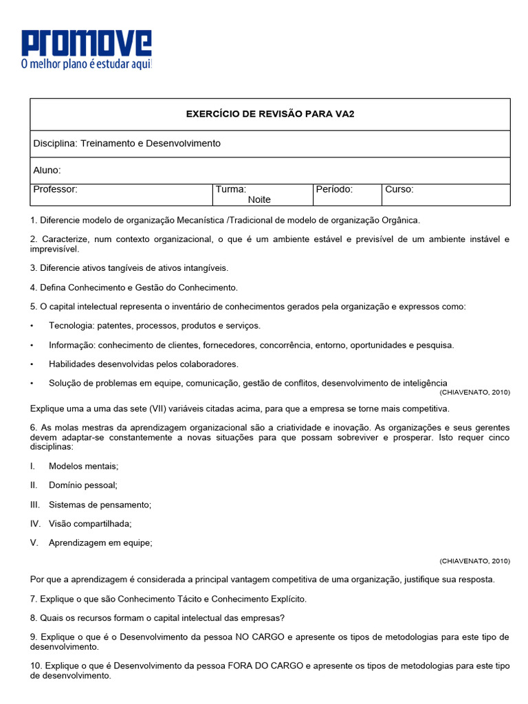EXERCICIO DE REVISÃ O VA2 Treinamento e Desenvolvimento | PDF ...