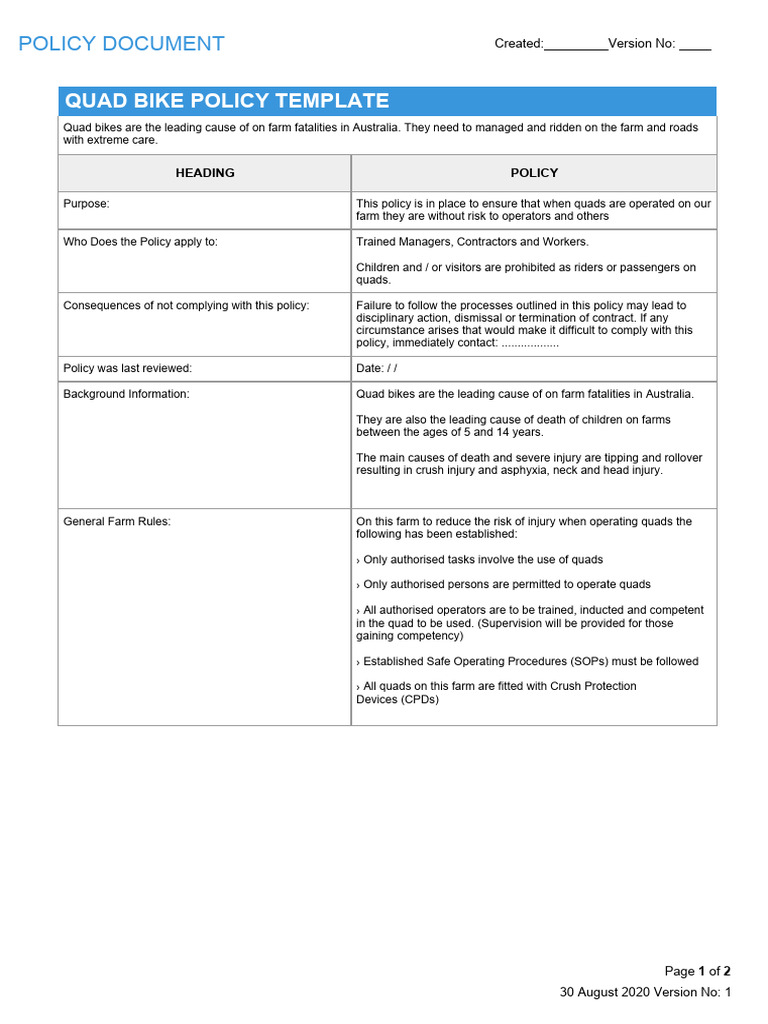 Quad Bike Safety Policy Template | PDF
