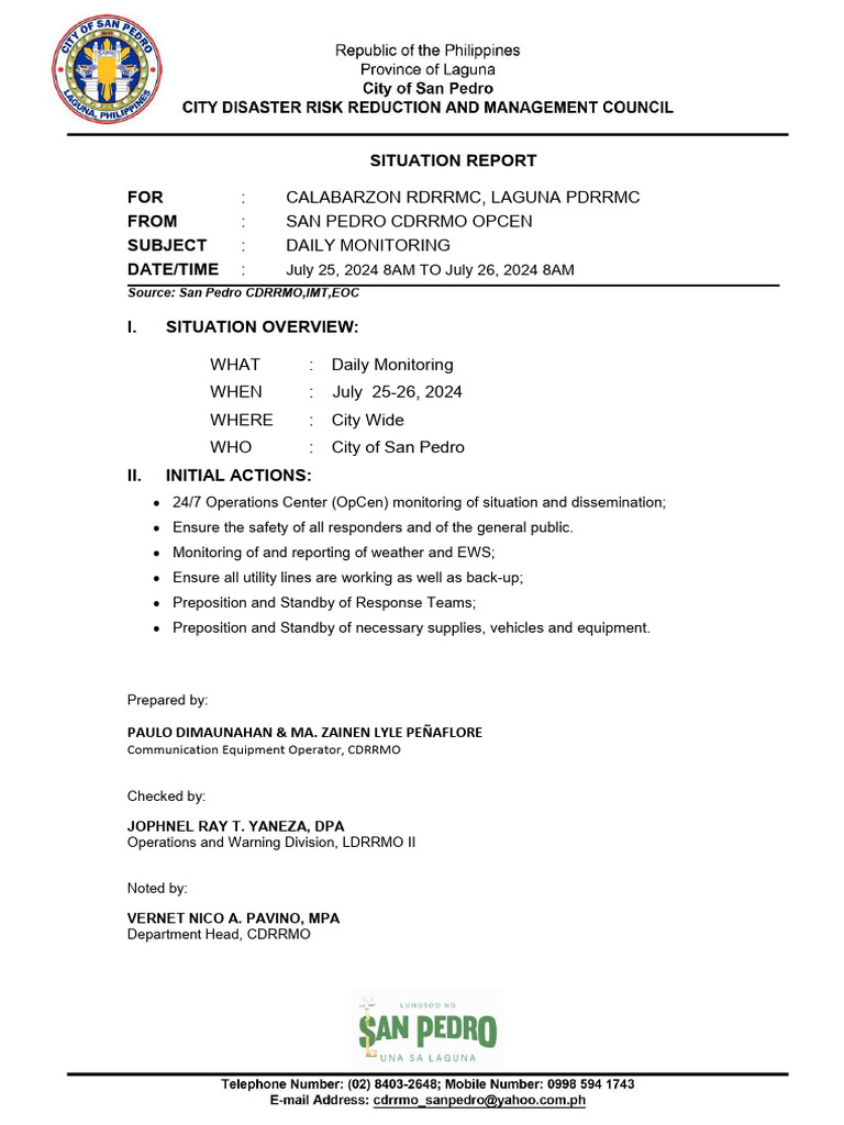 City of SanPedroNarrativeSitrep 25 JULY 2024-0800H | PDF | Tropical ...