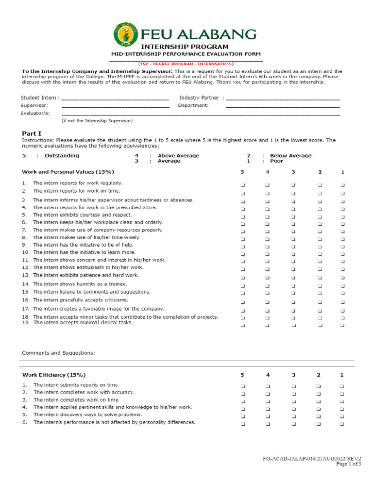 FEU ALABANG_Mid-Internship Performance Evaluation Form_Internship 1_2 | PDF