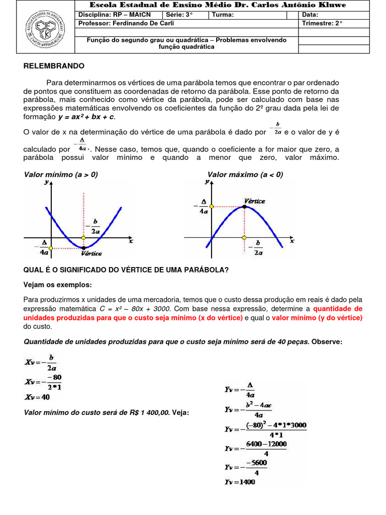 Função 2° grau exercício e explicação | PDF