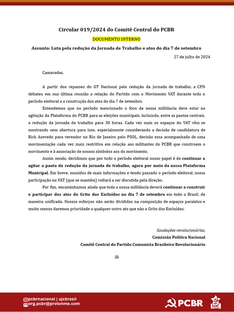 Circular Do CC 019 - 2024 - Luta Pela Redução Da Jornada de Trabalho e ...
