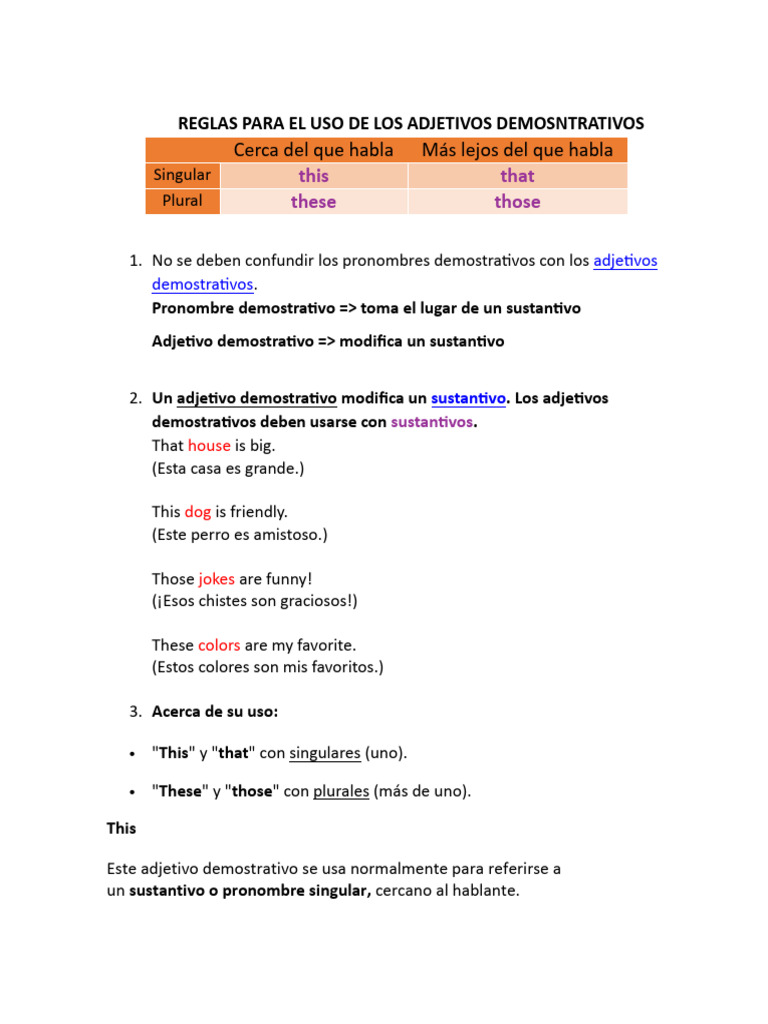 Reglas para El Uso de Los Adjetivos Demostrativos | PDF | Artes del ...