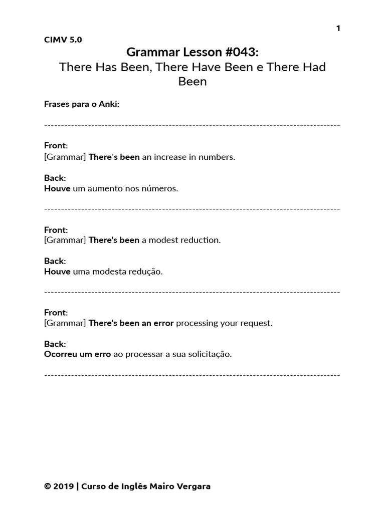 PDF Grammar Lesson 043 There Has Been, There Have Been e There Had Been ...
