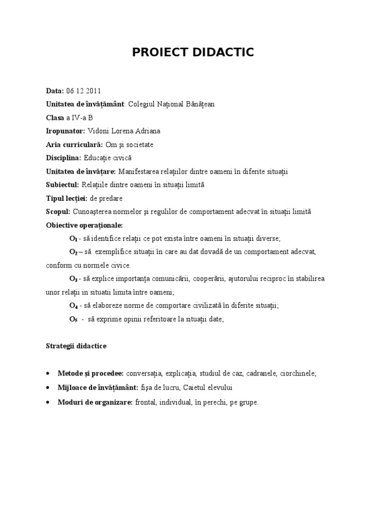 Proiect Didactic Educatie Civica Grupa Mijlocie
