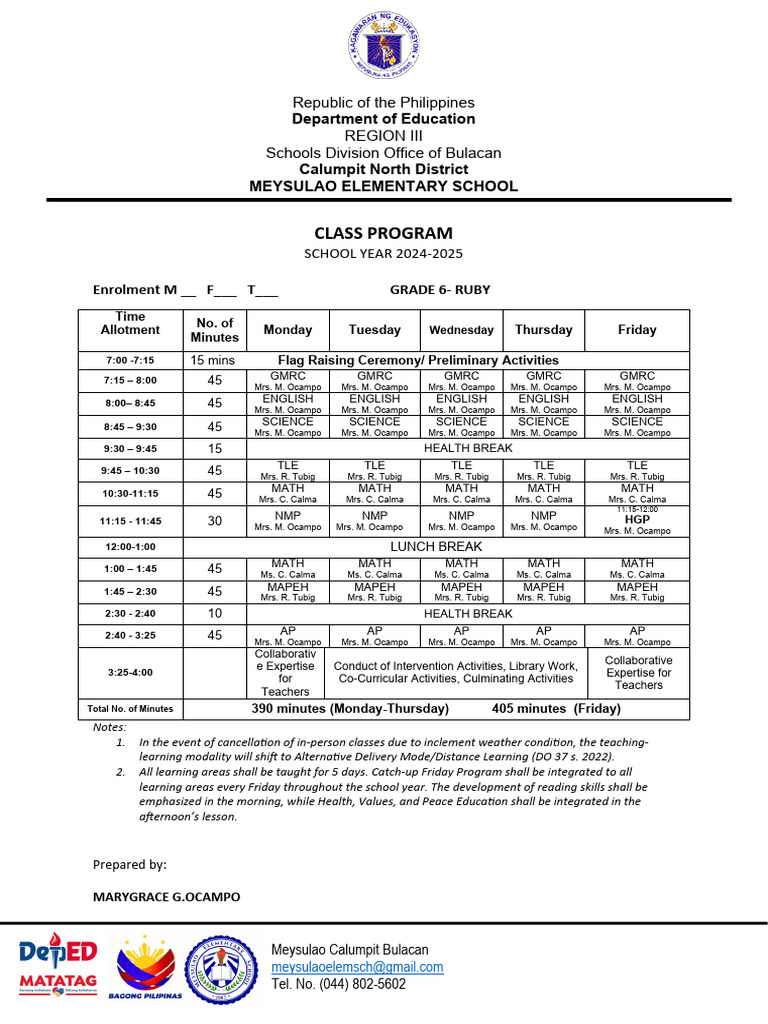 Meysulao Elementary School Class Program | PDF