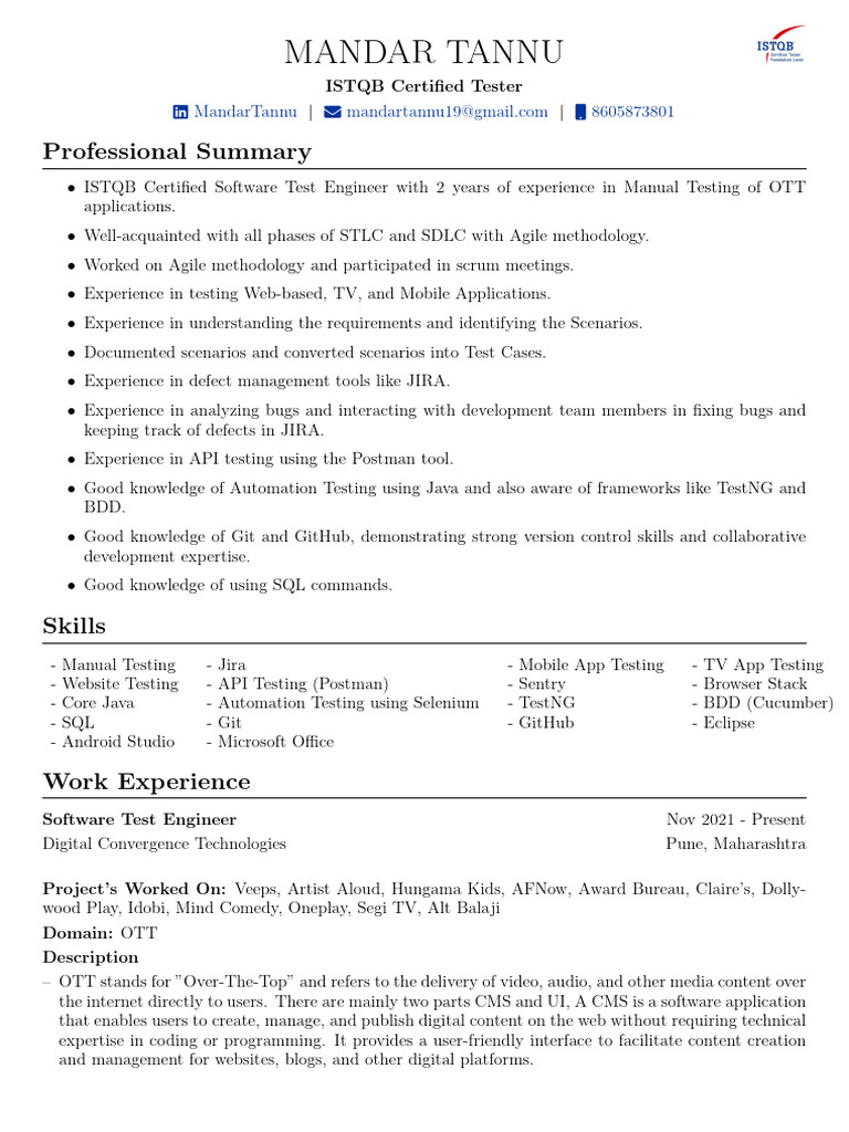 Mandar Tannu Resume Software Tester | PDF | Software Testing | Android ...