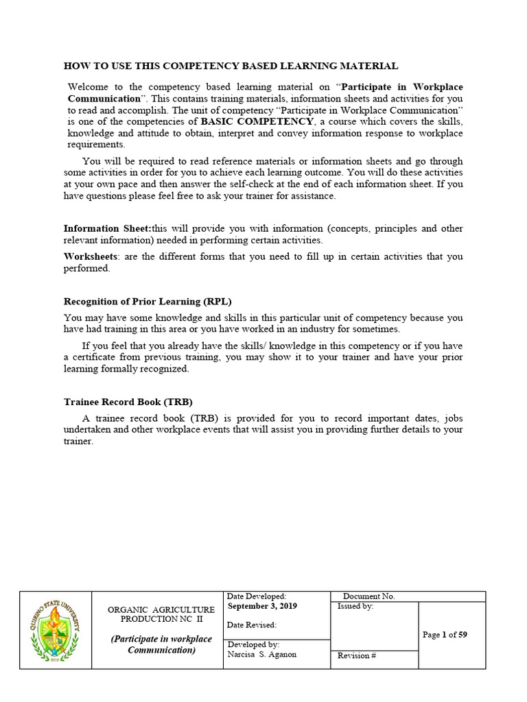 1 Basic Competency - Participate in Workplace Communication | PDF ...