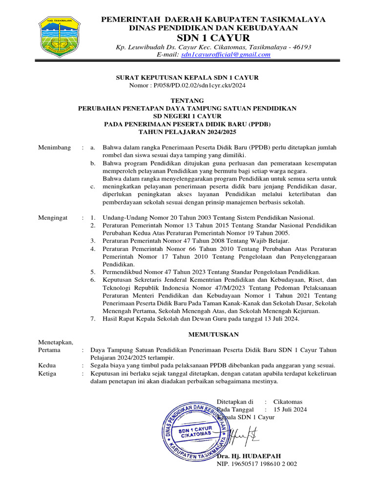 Daya Tampung PPDB SDN 1 Cayur 2024/2025 | PDF