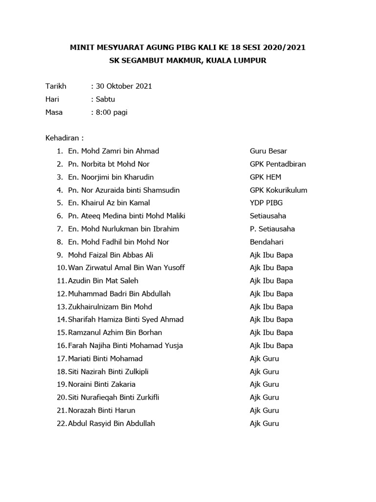 Minit Mesyuarat Agung Pibg Kali Ke 18 Sesi 2020 Pdf