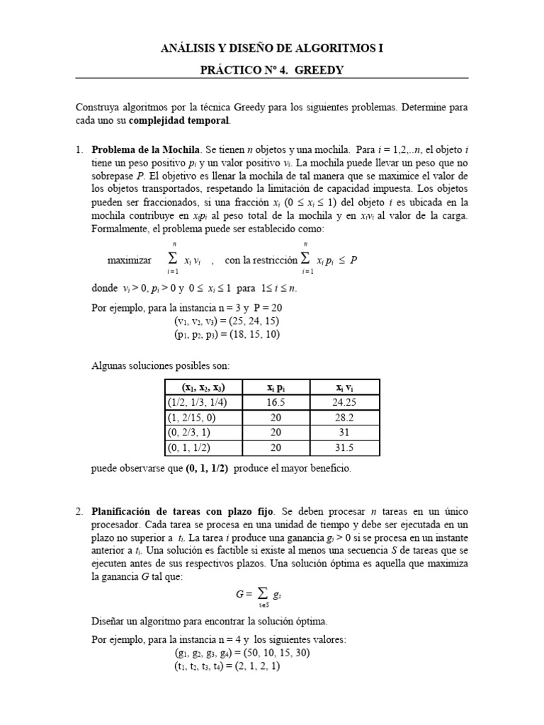 Algoritmos Greedy: Práctica 4 | PDF | Matemáticas Aplicadas ...