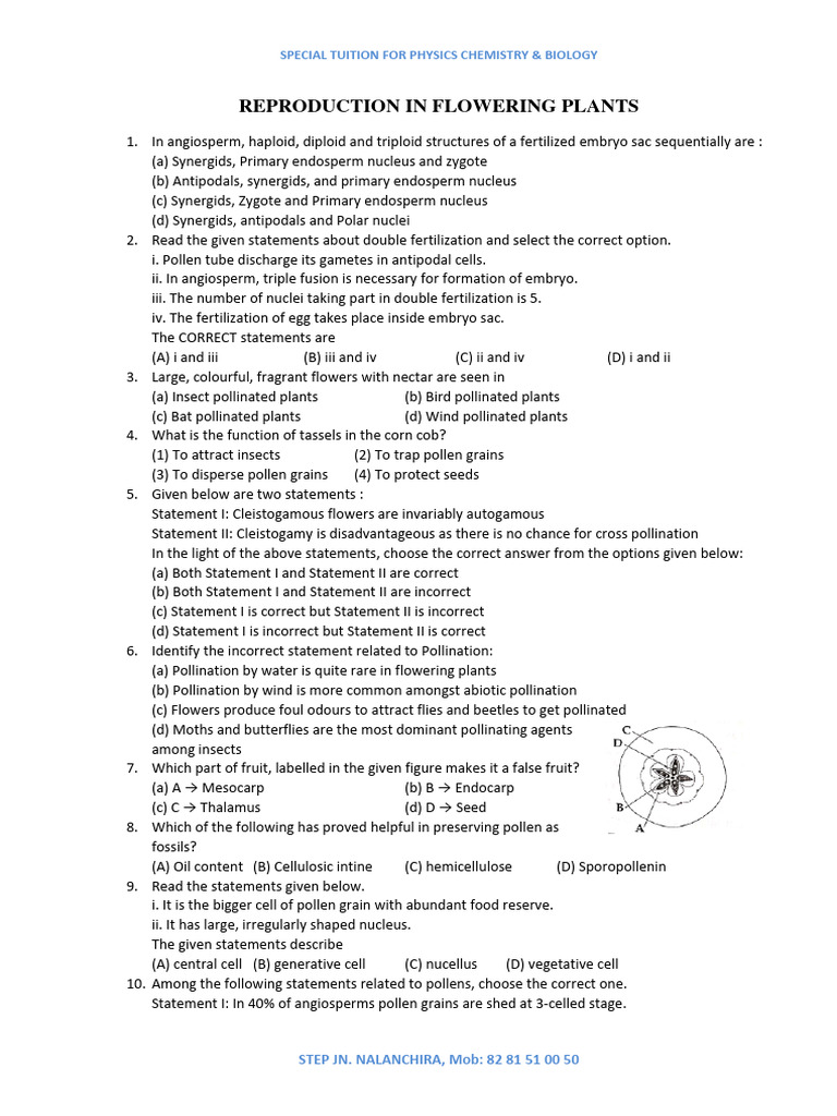 Reproduction in Flowering Plants Quiz | PDF | Flowers | Fertilisation