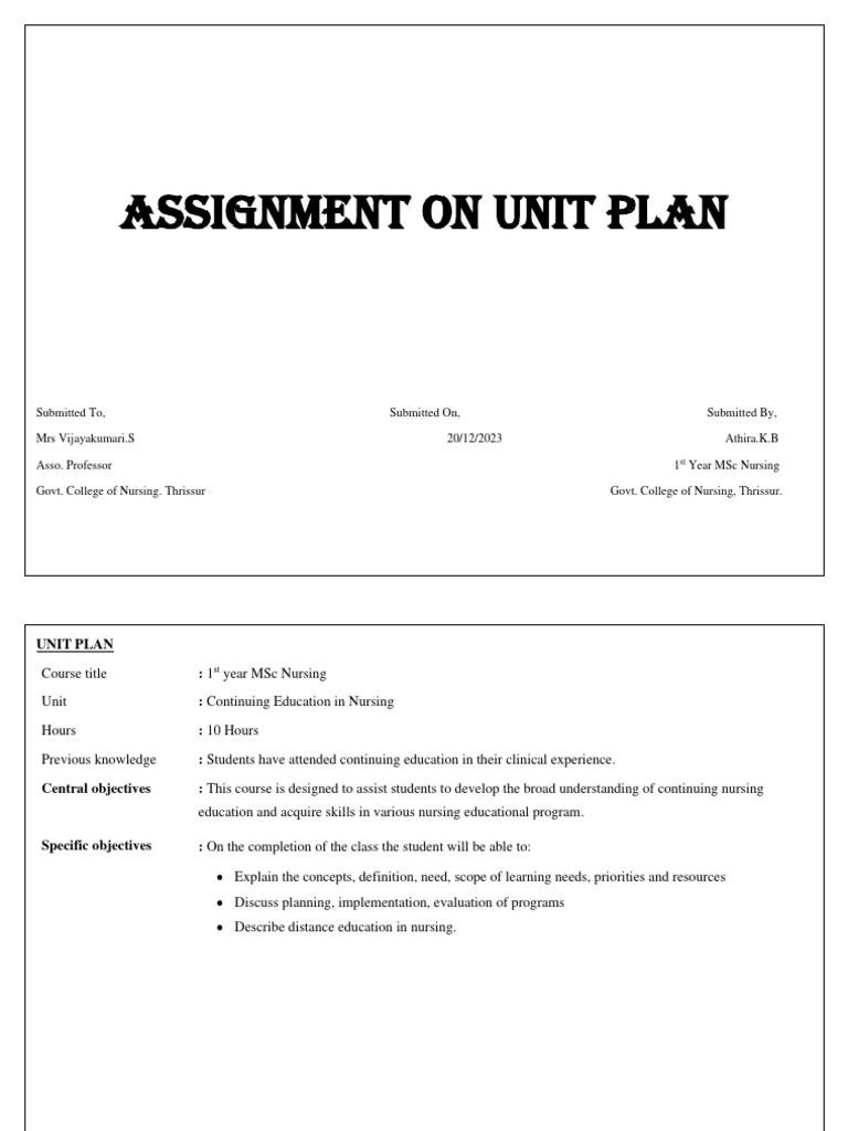 First Year MSc Nursing Unit Plan | PDF