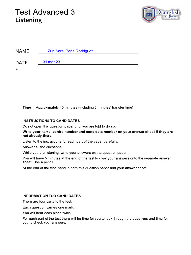 Advanced 3 Test Listening SARA | PDF | Cognition
