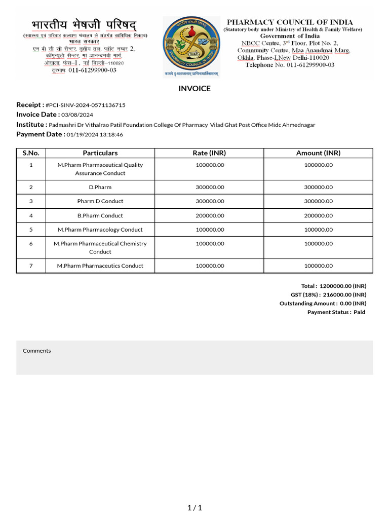 Invoice for Pharmacy Courses Payment | PDF