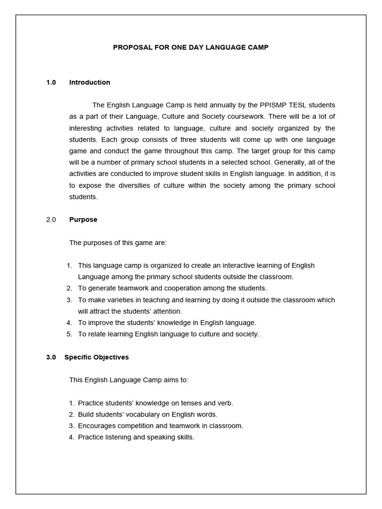 One-Day English Language Camp Proposal | PDF | English Language | Learning