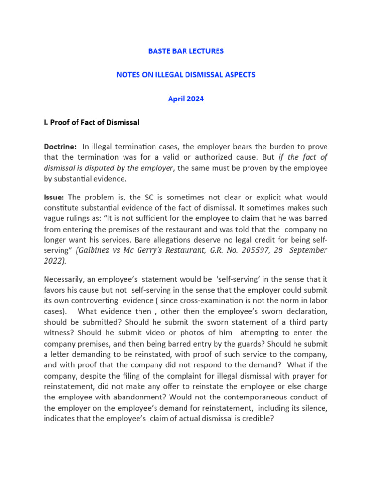 Aspects Of Illegal Dismissal 2024 Pdf Employment Justice