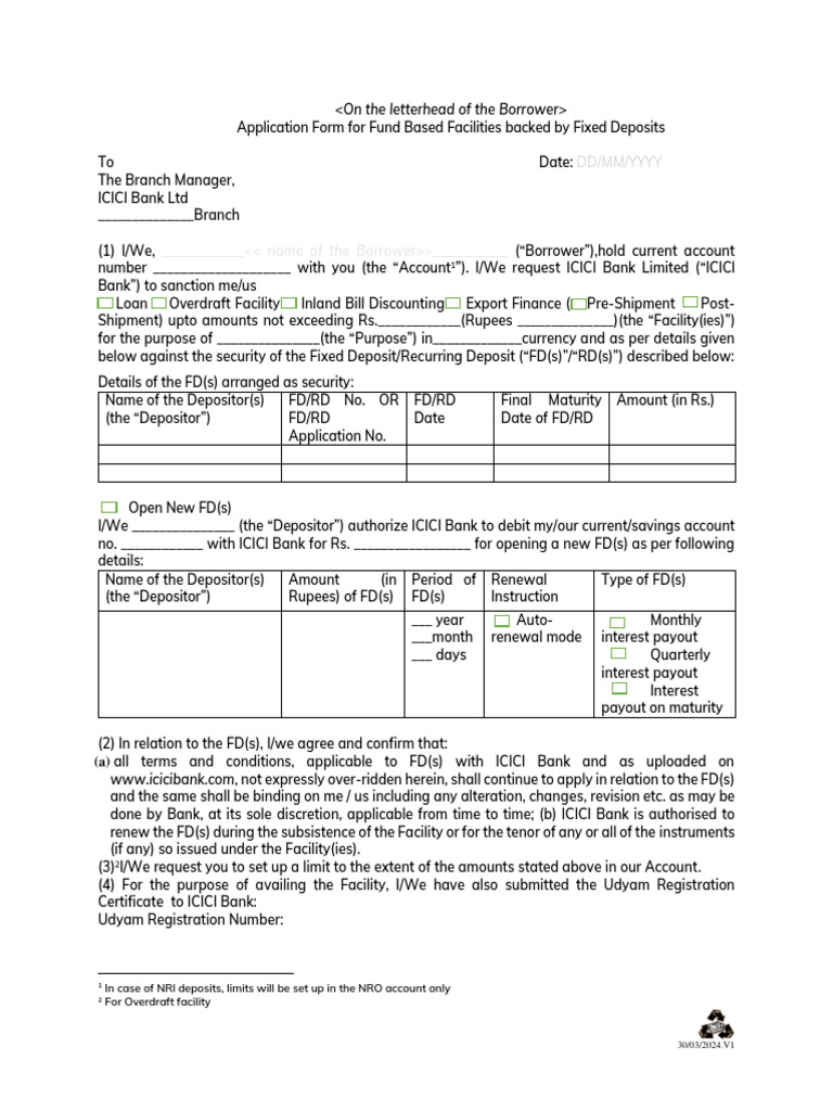 ICICI Bank FD-backed Loan Application Form | PDF | Reserve Bank Of ...