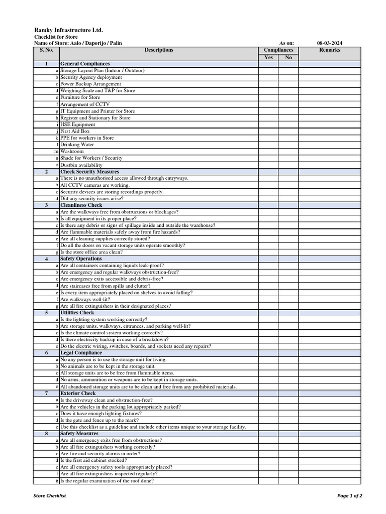 Checklist For Store | PDF | Safety