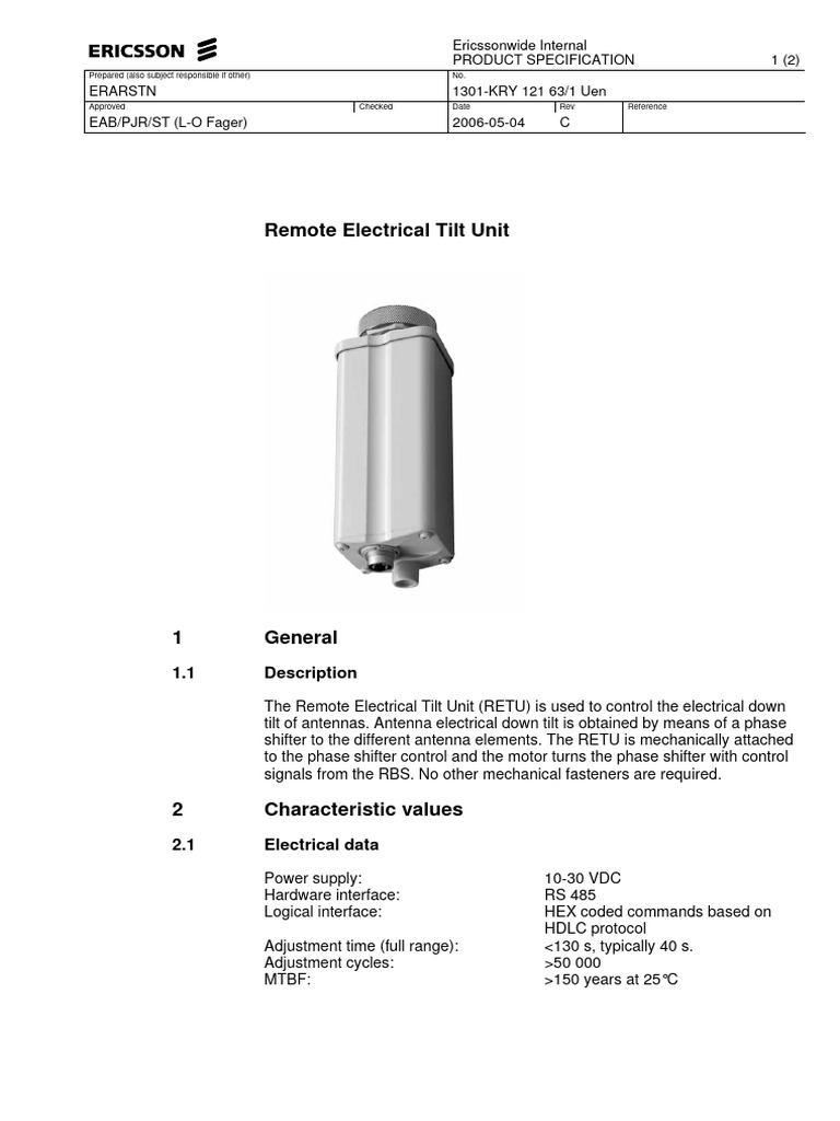 Remote Electrical Tilt Unit Specification | PDF | Electronics ...