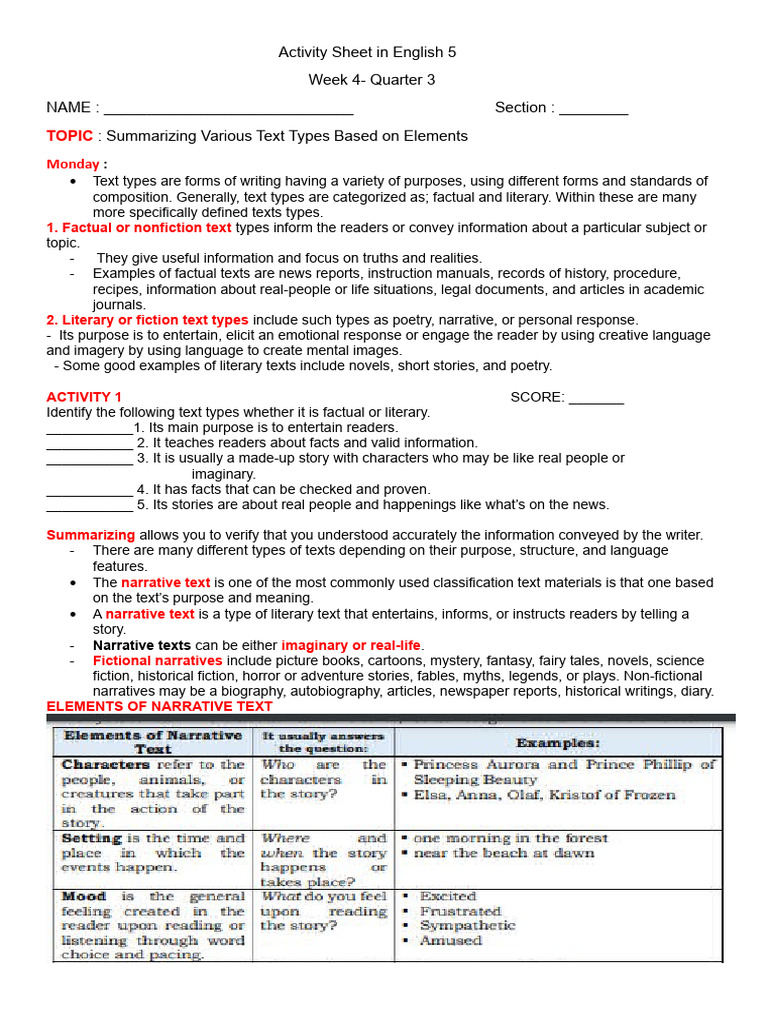 Summarizing Text Types Activity Sheet | PDF | Poetry | Narrative
